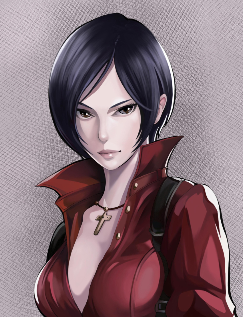 1girl ada_wong black_hair breasts brown_eyes cleavage cross cross_necklace female_focus high_collar highres holster jewelry lips looking_at_viewer medium_breasts medium_hair necklace no_bra parted_bangs red_shirt resident_evil resident_evil_6 shirt shoulder_holster solo to-ru unbuttoned upper_body