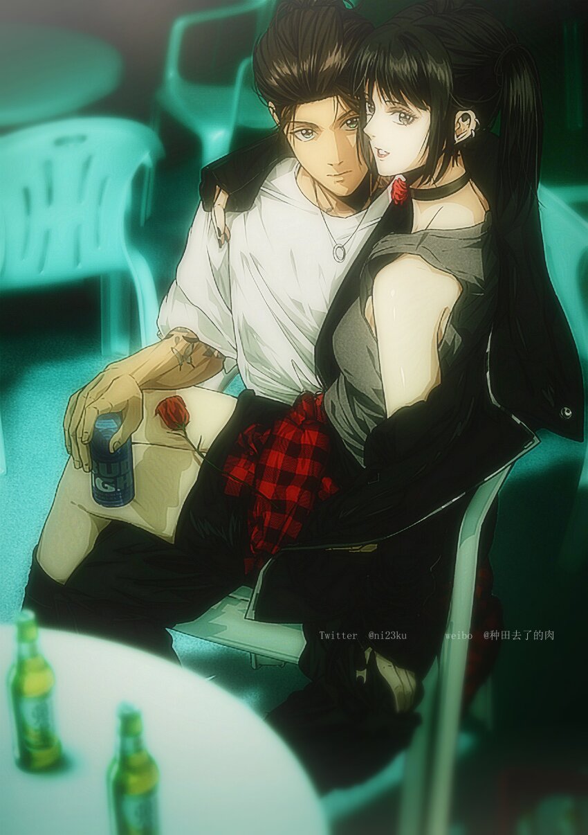 1boy 1girl absurdres alternate_universe arm_around_neck arm_tattoo bare_shoulders black_choker black_hair black_jacket black_nails black_pants black_skirt blurry blurry_background blurry_foreground bottle breasts brown_hair bud_light butterfly_tattoo can choker clothes_around_waist couple earrings eren_yeager flower flower_choker goth_fashion grey_tank_top hair_bun hetero highres holding holding_can jacket jacket_partially_removed jewelry long_hair medium_breasts medium_hair mikasa_ackerman multiple_earrings nail_polish niku_(ni23ku) pale_skin pants parted_lips plaid_clothes plaid_shirt red_flower red_rose rose shingeki_no_kyojin shirt shirt_around_waist sidelocks sitting sitting_on_lap sitting_on_person skirt smile tank_top tattoo twintails white_shirt