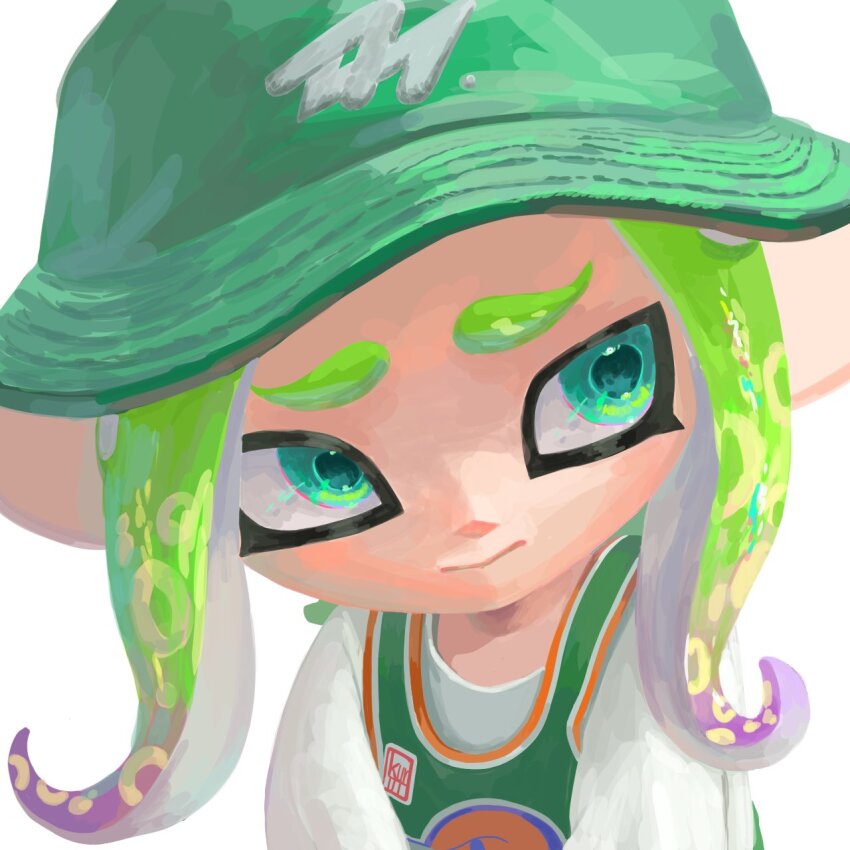 1girl bucket_hat closed_mouth colored_tips commentary curly_hair furrowed_brow green_eyes green_hair green_shirt green_vest hat head_tilt highres jersey kurutot1 layered_clothes looking_to_the_side medium_hair multicolored_hair nintendo no_lineart octoling_girl octoling_player_character pointy_ears portrait shade shirt sidelocks sideways_glance simple_background solo splatoon_(series) symbol-only_commentary vest white_background white_shirt