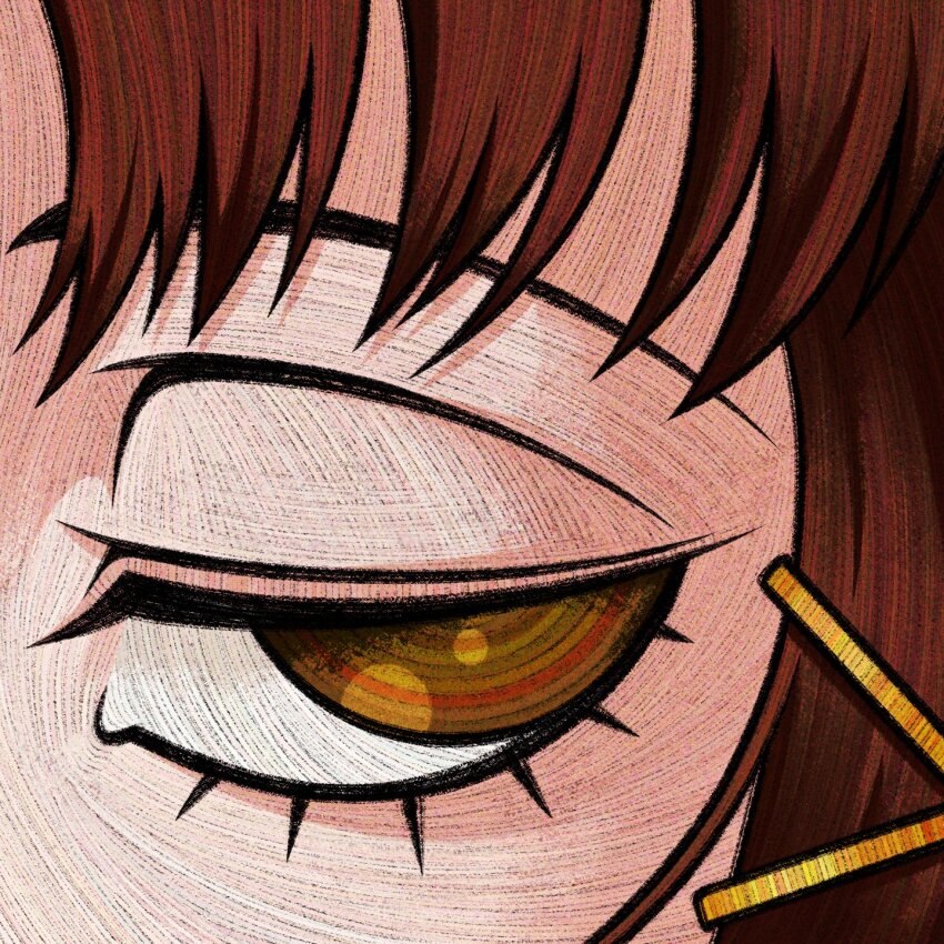 1girl brown_eyes brown_hair close-up commentary cryptidhermit english_commentary eye_focus eyebrows_hidden_by_hair eyelashes faux_traditional_media hair_ornament highres iwakura_lain long_eyelashes ringed_eyes serial_experiments_lain sideways_glance solo x_hair_ornament