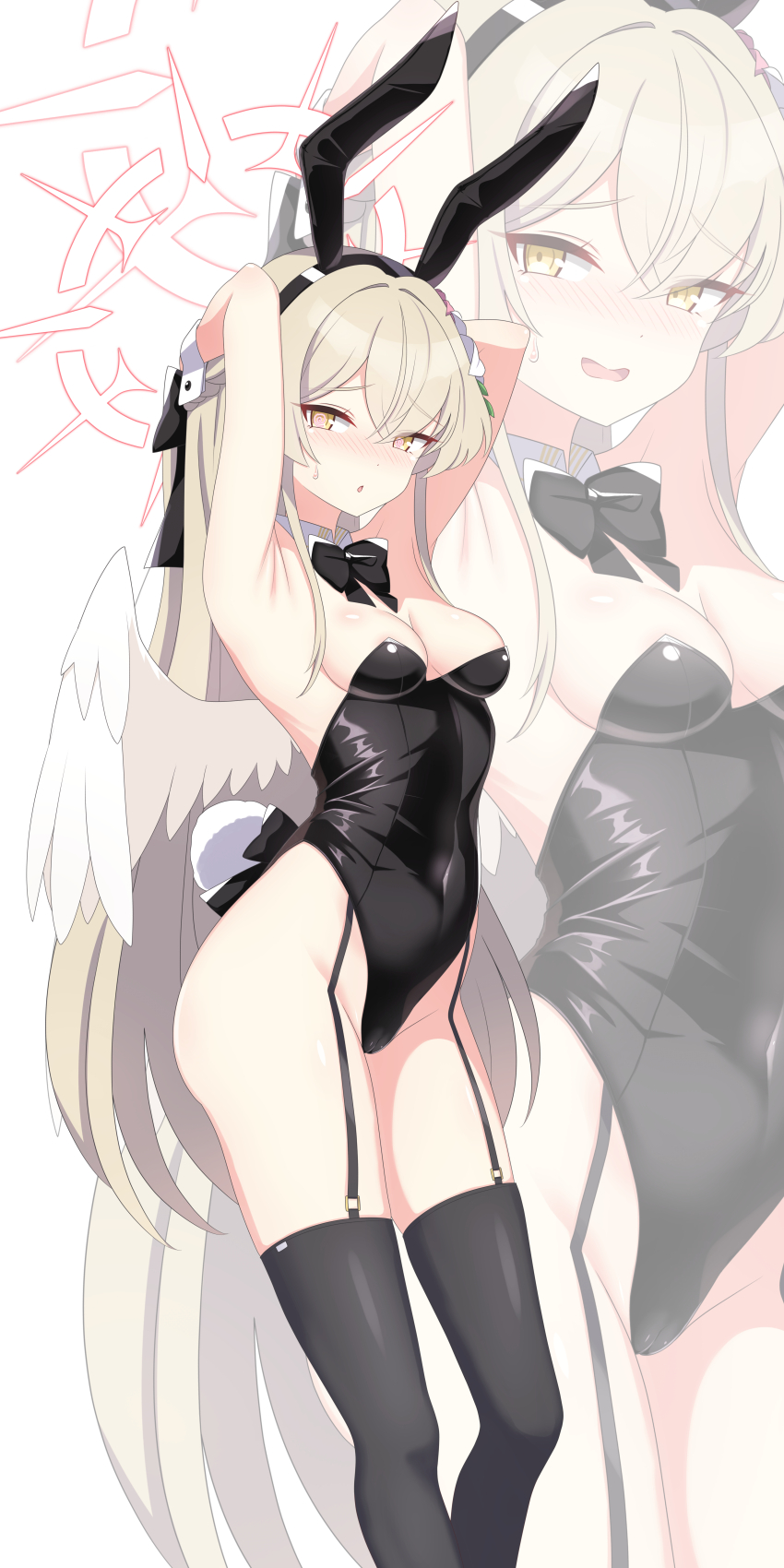 1girl absurdres alternate_costume alternate_hairstyle angel_wings animal_ears armpit_crease armpits arms_behind_head ass bare_shoulders black_bow black_bowtie black_hairband black_leotard blue_archive blush bow bowtie braid breasts brown_hair cameltoe cleavage commentary_request curvy detached_collar embarrassed eyes_visible_through_hair fake_animal_ears fake_tail feathered_wings feet_out_of_frame flower from_side furrowed_brow garter_straps groin hair_between_eyes hair_bow hair_flower hair_ornament hairband half_up_braid halo highres leotard long_hair looking_at_viewer medium_breasts nagisa_(blue_archive) nervous_smile nose_blush open_mouth pink_flower pink_halo playboy_bunny rabbit_ears rabbit_tail simple_background smile solo standing straight_hair strapless strapless_leotard sweatdrop tail thighs tsurime very_long_hair white_background white_flower white_wings white_wrist_cuffs wings wrist_cuffs ydayluca yellow_eyes zoom_layer
