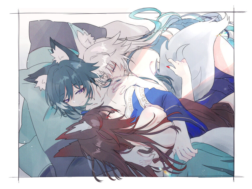 3girls animal_ears bare_shoulders blue_dress blue_hair blush closed_eyes closed_mouth commentary cuddling dress feixiao_(honkai:_star_rail) fox_ears fox_girl fox_tail fud fugue_(honkai:_star_rail) girl_sandwich hand_on_another&#039;s_shoulder highres honkai:_star_rail honkai_(series) hug long_hair lying multiple_girls off_shoulder on_side pillow purple_eyes red_nails sandwiched smile symbol-only_commentary tail tingyun_(honkai:_star_rail) yukong_(honkai:_star_rail) yuri