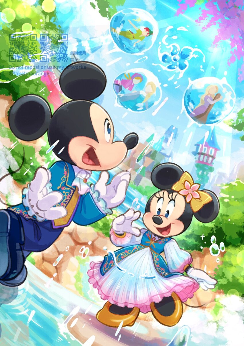 2boys 4girls animal_ears anna_(frozen) bow bubble disney dress elsa_(frozen) frozen_(disney) gloves hair_bow highres looking_at_viewer mickey_mouse minnie_mouse mouse_ears mouse_girl mouse_tail multiple_boys multiple_girls open_mouth rapunzel_(disney) smile tail takatmaorange tangled walt_disney&#039;s_peter_pan white_gloves