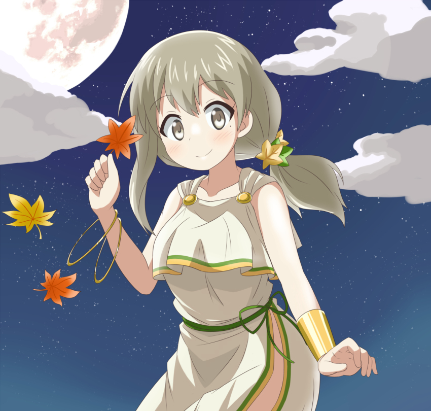 1girl blush closed_mouth cloud collarbone dot_nose falling_leaves female_focus grey_eyes grey_hair holding holding_leaf kirara_fantasia koisuru_asteroid leaf long_hair looking_at_viewer mole mole_under_eye moon morino_mari nanog_eb1994 night sky smile solo standing star_(sky)