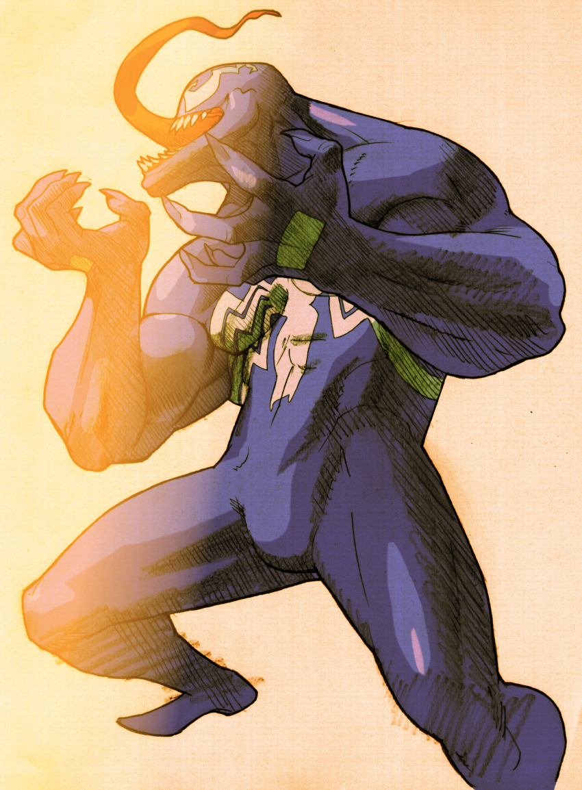 1boy arms_up bengus capcom claws facing_to_the_side game_cg highres long_tongue male_focus marvel marvel_vs._capcom marvel_vs._capcom_2 monster_boy muscular muscular_male non-web_source official_art open_mouth parasite scan sharp_teeth sidelighting smile solo spider-man_(series) symbiote teeth tongue tongue_out venom_(marvel) very_long_tongue