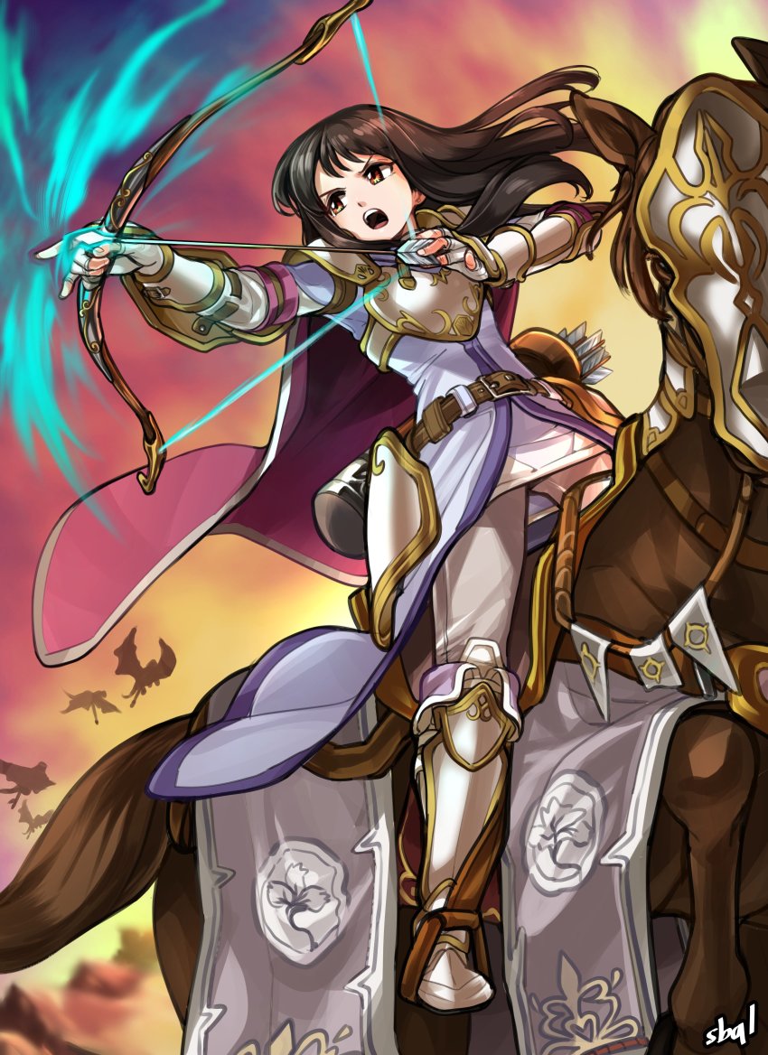 1girl absurdres animal armor armored_boots arrow_(projectile) astrid_(fire_emblem) black_hair boots bow_(weapon) fire_emblem fire_emblem:_radiant_dawn highres holding holding_bow_(weapon) holding_weapon horse horseback_archery horseback_riding long_hair nintendo open_mouth quiver riding sbql_(niaunclefan) shoulder_armor sunset weapon