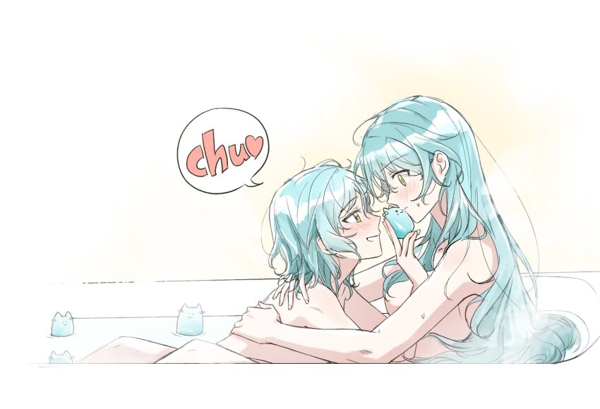 bang_dream! bath bathing blue_hair blush completely_nude heart highres hikawa_hina hikawa_sayo hug long_hair nude same-sex_bathing seza_(enlwnaos) shared_bathing short_hair speech_bubble yellow_eyes yuri