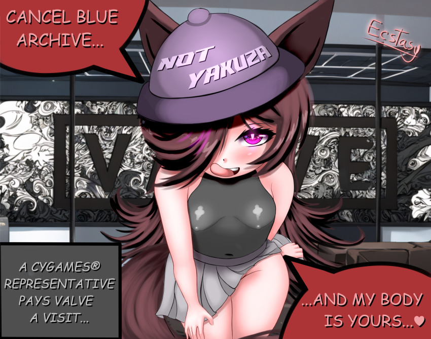 1girl animal_ears artist_name bent_over black_shirt blush breasts brown_hair clothes_lift come_hither cowboy_shot dialogue_box ecstasy_(icyblue) female_focus glowing glowing_eyes hair_over_one_eye hat highres horse_ears horse_girl horse_tail leaning_forward licking_lips loli long_bangs long_hair looking_at_viewer miniskirt naughty_face navel no_bra no_panties partially_visible_vulva pleated_skirt purple_eyes rice_shower_(boc&#039;z)_(umamusume) rice_shower_(umamusume) shirt signature skin_tight skindentation skirt skirt_lift sleeveless sleeveless_shirt small_breasts smile solo speech_bubble spiked_hair tail thick_thighs thighs tight_clothes tongue tongue_out umamusume very_long_hair white_skirt yakuza