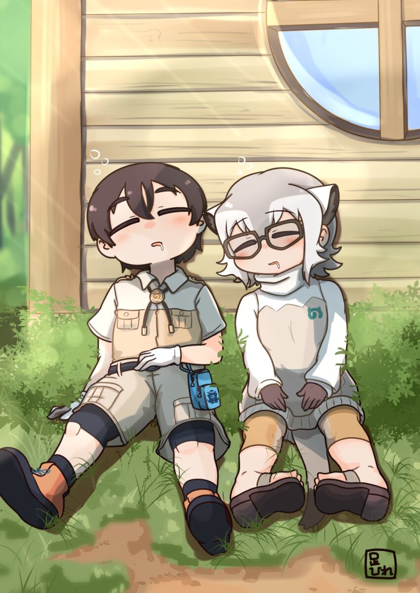 1boy 1girl asihire bike_shorts bike_shorts_under_shorts blush boots brown-framed_eyewear brown_gloves brown_hair brown_sandals brown_shirt brown_shorts capri_pants captain_(kemono_friends) closed_eyes collared_shirt drooling extra_ears glasses gloves grey_hair grey_pants grey_sweater hair_between_eyes highres jacket japari_symbol kemono_friends kemono_friends_3 meerkat_(kemono_friends) meerkat_ears meerkat_tail multicolored_hair orange_boots orange_pants pants safari_jacket sandals shirt short_hair short_sleeves shorts sidelocks sitting sleeping sweater turtleneck turtleneck_sweater two-tone_hair two-tone_pants two-tone_shirt two-tone_sweater white_gloves white_hair