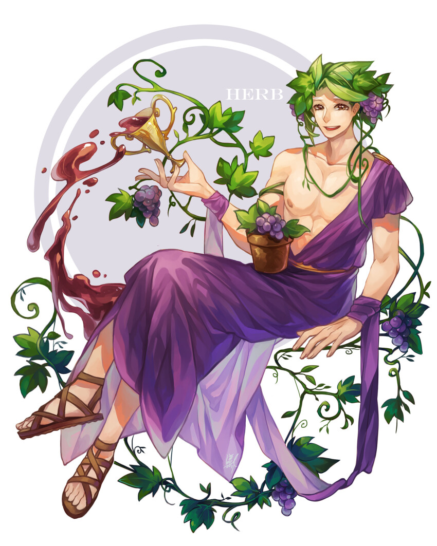 1boy absurdres alcohol ancient_greek_clothes brown_eyes brown_sandals calico_(pattern) chiton circle collarbone cookie_run crossed_legs cup food food-themed_hair_ornament fruit full_body grape_hair_ornament grapes greco-roman_clothes green_hair hair_ornament herb_cookie herb_cookie_(god_of_grape_juice) highres himation holding holding_cup humanization looking_at_viewer male_focus nipples official_alternate_costume open_mouth pectorals plant plant_hair potted_plant purple_robe robe sandals short_hair sitting smile solo spilling teeth upper_teeth_only white_background wine yuqian88212