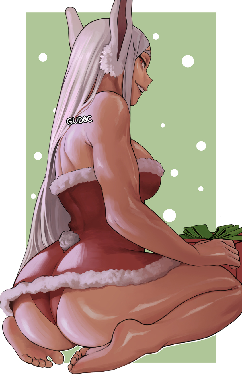 1girl animal_ears artist_name ass bare_arms bare_legs bare_shoulders barefoot boku_no_hero_academia border box breasts christmas clothing_cutout dark-skinned_female dark_skin dress feet from_behind fur-trimmed_dress fur_trim gift gift_box green_background gud0c highres large_breasts long_eyelashes long_hair looking_at_viewer median_furrow mirko panties parted_bangs rabbit_ears rabbit_girl rabbit_tail red_dress red_eyes red_panties sitting smile soles solo strapless strapless_dress tail tail_through_clothes thick_thighs thighs toes toned toned_female underwear very_long_hair wariza wedgie white_border white_hair