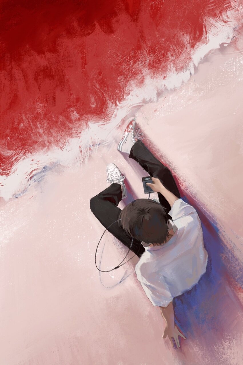 1boy arm_support black_pants brown_hair cassette_player collared_shirt commentary english_commentary from_above highres ikari_shinji listening_to_music male_focus neon_genesis_evangelion ocean pants paradoxisthere red_water shadow shirt shoelaces shoes short_hair sitting sneakers solo water white_shirt white_shoes