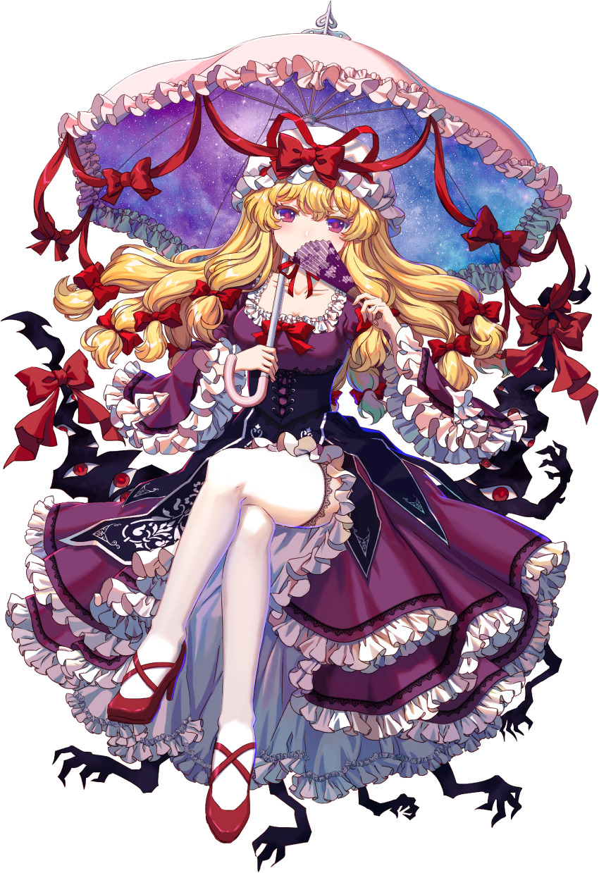 1girl absurdres blonde_hair bow breasts choker collarbone cross-laced_footwear dress folded_fan folding_fan frilled_dress frilled_sleeves frills full_body game_cg gap_(touhou) hair_bow hand_fan high_heels highres holding holding_fan holding_umbrella kumio lace lace-trimmed_thighhighs lace_trim long_hair non-web_source pink_umbrella purple_dress purple_eyes red_bow red_ribbon red_shoes ribbon ribbon_choker shoes solo space_print starry_sky_print tachi-e thighhighs touhou touhou_blooming_chaos umbrella white_thighhighs yakumo_yukari zettai_ryouiki