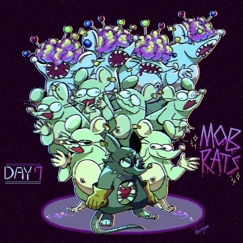 2boys :3 annoyed black_background black_eyes boxyam chromatic_aberration commentary crazy_eyes dated drooling ear_tag english_commentary english_text exposed_brain fangs frown gloves half-closed_eyes heart heart_(mad_rat_dead) highres hole_in_chest hole_on_body looking_to_the_side mad_rat_(mad_rat_dead) mad_rat_dead mob_rat_(mad_rat_dead) mouth_drool multiple_boys multiple_others signature stitches v-shaped_eyebrows wavy_mouth yellow_gloves