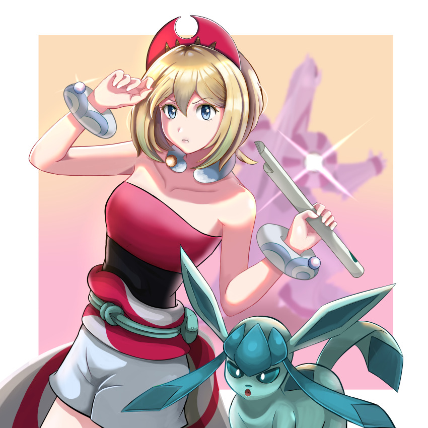 1girl 1other absurdres animal_ears arm_up bare_shoulders blonde_hair blue_eyes bracelet breasts collarbone flute gem gen_4_pokemon glaceon grumpido hair_ornament highres holding holding_flute holding_instrument instrument irida_(pokemon) jewelry legendary_pokemon looking_at_viewer medium_breasts necklace nintendo open_mouth palkia pokemon pokemon_(creature) pokemon_legends:_arceus pout red_tube_top shorts simple_background sleeveless strapless tail tube_top