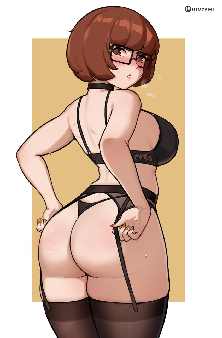 1girl ass back bare_shoulders black_bra black_panties blush bra breasts brown_eyes brown_hair commentary glasses highres hioyami large_breasts looking_at_viewer looking_back panties scooby-doo short_hair solo thighhighs thighs underwear underwear_only velma_dinkley
