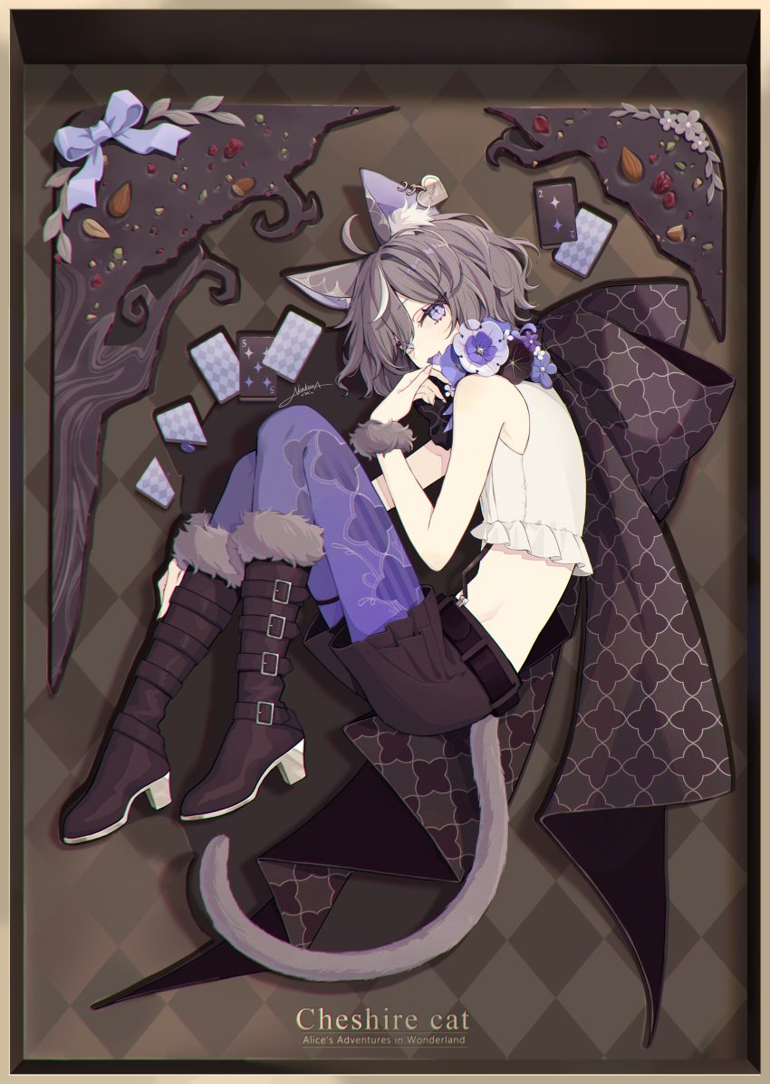 1other absurdres ahoge akakura alice&#039;s_adventures_in_wonderland androgynous animal_ear_fluff animal_ears bare_shoulders belt black_belt boots brown_boots brown_hair brown_shorts cat_ears cat_tail character_name cheshire_cat_(alice_in_wonderland) commentary_request fang full_body highres knee_boots looking_at_viewer multicolored_hair open_mouth other_focus purple_eyes short_hair shorts sleeveless smile solo streaked_hair symbol-shaped_pupils tail white_hair
