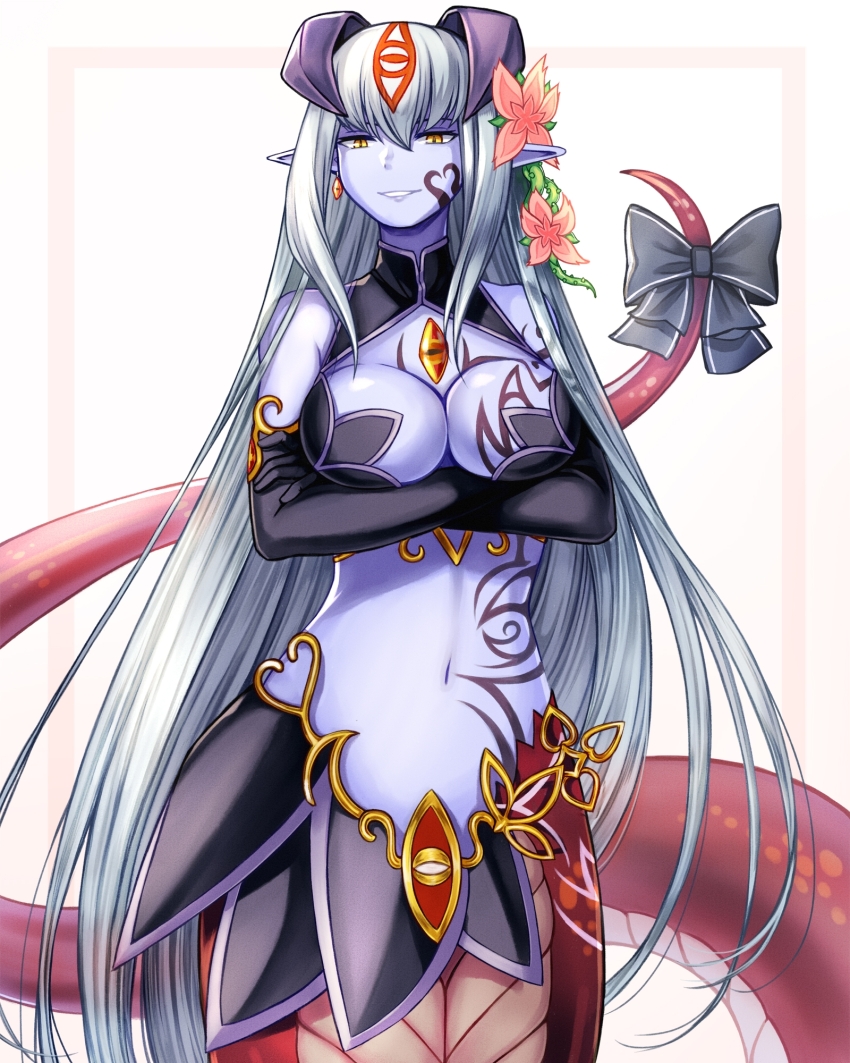 1girl alipheese_fateburn_xvi armored_skirt black_gloves bow breast_tattoo breasts colored_skin earrings elbow_gloves eye_tattoo flower gloves grey_hair hair_flower hair_ornament hair_tattoo halter_shirt halterneck highres horns jewelry lamia large_breasts long_hair mon-musu_quest! monster_girl navel pointy_ears purple_skin resuta stomach_tattoo tail tail_bow tail_ornament tattoo very_long_hair yellow_eyes