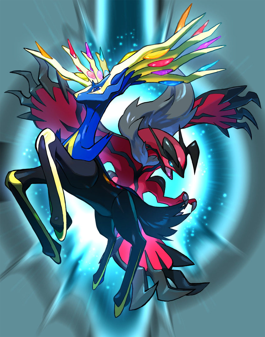 animal_focus antlers artist_request black_fur blue_eyes blue_fur blue_sclera claws colored_sclera gen_6_pokemon highres horns legendary_pokemon nintendo no_humans official_art open_mouth pokemon pokemon_(creature) pokemon_focus second-party_source talons wings xerneas yveltal