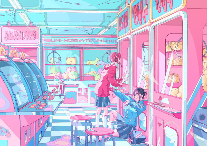 2girls absurdres animal_charm arcade bag bag_charm black-framed_eyewear black_hair blue_jacket blue_skirt cellphone charm_(object) closed_eyes commentary_request crane_game cup disposable_cup glasses headphones highres holding holding_phone hood hoodie indoors jacket kneehighs long_sidelocks long_sleeves medium_hair multiple_girls multiple_monochrome on_floor original outstretched_arms pastel_colors phone pink_hair pink_hoodie pleated_skirt rabbit_charm school_bag school_uniform selfie semi-circular_eyewear short_hair_with_long_locks sidelocks sitting skirt slice_of_life smartphone socks standing stool stuffed_animal stuffed_toy tile_floor tiles twintails v white_socks yasi_irasuto