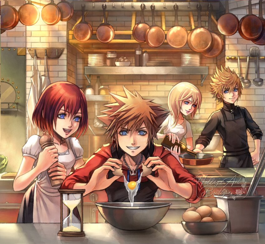 2boys 2girls alternate_costume apron artist_name black_apron black_shirt black_skirt blonde_hair blue_eyes brown_hair closed_mouth commentary_request cooking french_commentary grin highres hollypolllyy indoors kairi_(kingdom_hearts) kingdom_hearts kingdom_hearts_ii kingdom_hearts_iii kitchen lips long_hair multiple_boys multiple_girls namine nomura_tetsuya_(style) open_mouth pink_lips pointy_hair red_hair red_shirt roxas shirt short_hair skirt slice_of_life smile sora_(kingdom_hearts) white_apron white_shirt
