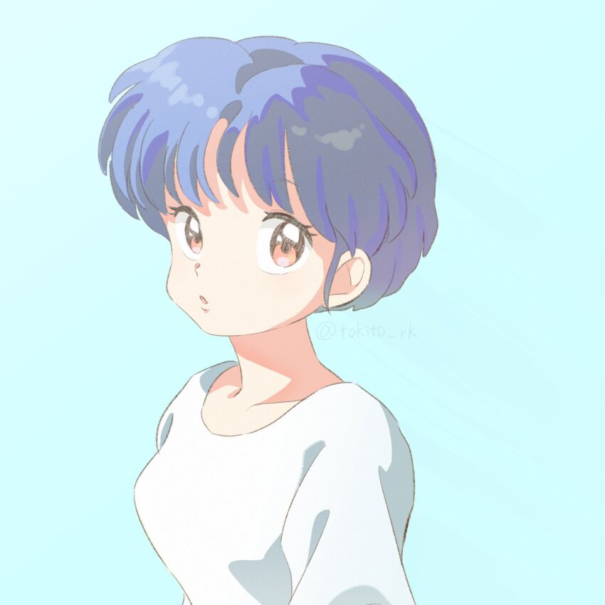 1girl blue_hair breasts looking_at_viewer open_mouth ranma_1/2 shirt short_hair tendou_akane white_shirt