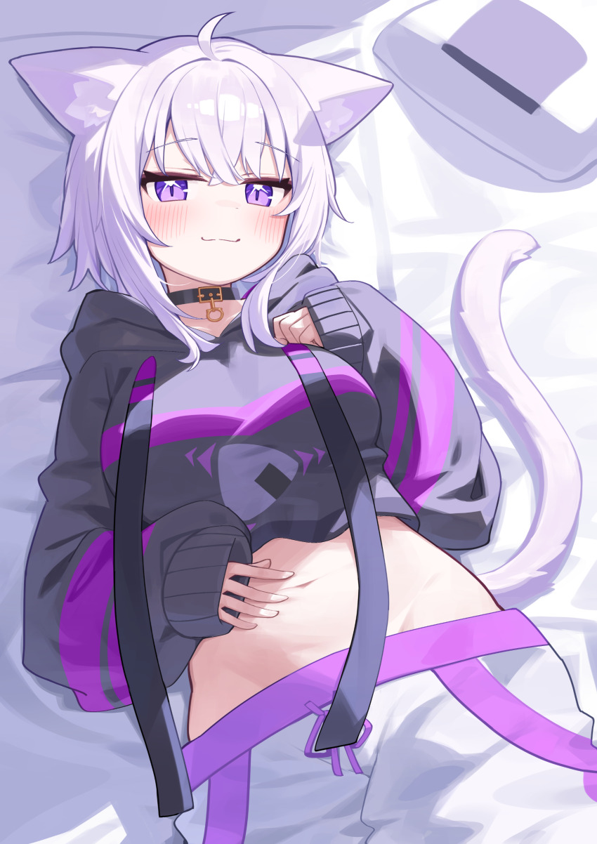 :3 absurdres ahoge animal_collar animal_ears baggy_pants black_collar black_hoodie cat_ears cat_tail collar cropped_hoodie crossed_bangs double-parted_bangs drawstring food_print hair_between_eyes highres hololive hood hoodie long_sleeves looking_at_viewer lying medium_hair messy_hair midriff navel nekomata_okayu nekomata_okayu_(1st_costume) on_back onigiri_print pants purple_eyes purple_hair sleeves_past_wrists sweatpants tail verdey virtual_youtuber white_pants