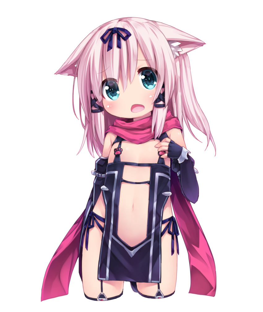 1girl aged_down animal_ear_fluff animal_ears black_dress black_gloves black_panties blue_eyes cat_ears dress elbow_gloves female_focus fingerless_gloves flat_chest garter_straps gloves hand_on_own_chest highres kmtopia long_hair nekono_mikoto open_mouth panties pelvic_curtain pink_hair red_scarf revealing_clothes ribbon scarf short_dress side-tie_panties simple_background solo tamase_tama thigh_strap thighs underwear virtual_youtuber white_background