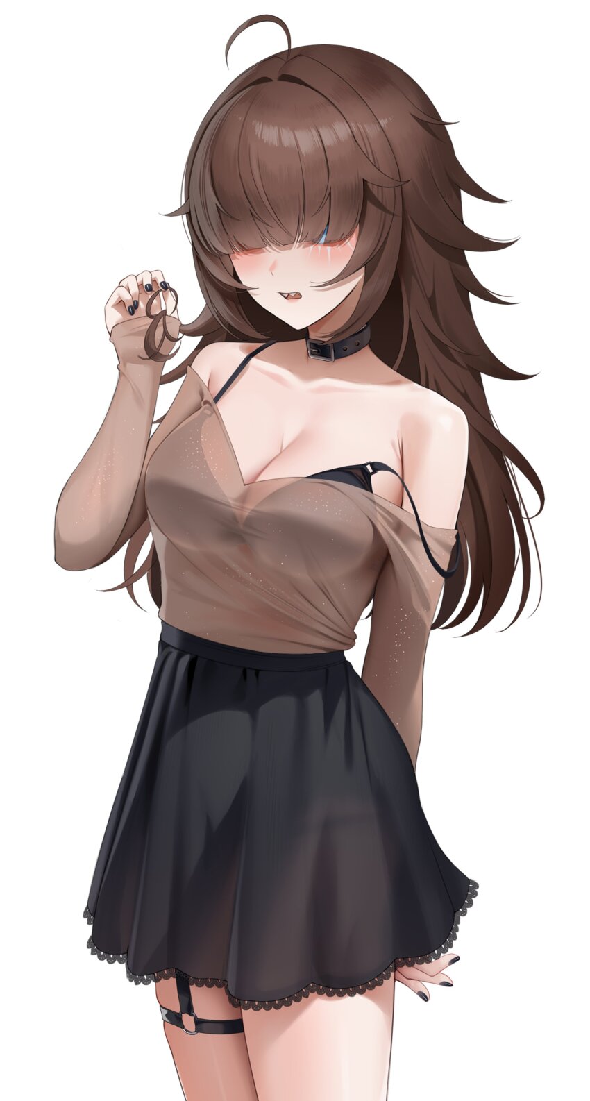 1girl absurdres ahoge belt_collar black_collar black_nails black_skirt bra_visible_through_clothes breasts brown_hair cleavage collar collarbone hair_over_eyes highres long_hair long_sleeves o-ring open_mouth original sharp_teeth skirt solo strap_slip teeth vaughnilla white_background