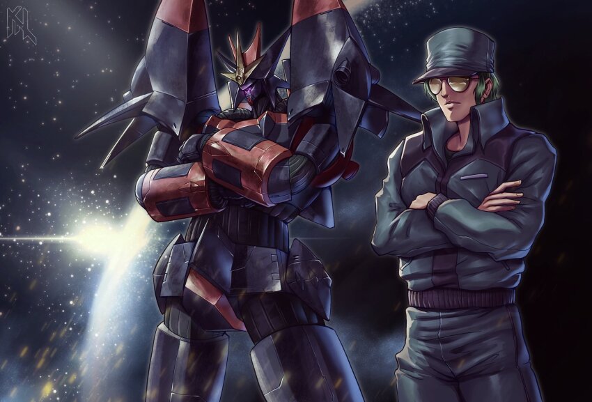1980s_(style) 1boy artist_logo black_headwear black_jacket black_pants closed_mouth commentary cowboy_shot crossed_arms english_commentary glowing glowing_eye green_hair gunbuster gunbuster_pose highres jacket logo male_focus mecha oldschool one-eyed oota_kouichirou pants porukima purple_eyes retro_artstyle robot science_fiction space star_(sky) sun sunglasses tinted_eyewear top_wo_nerae! top_wo_nerae!_(series) yellow-tinted_eyewear