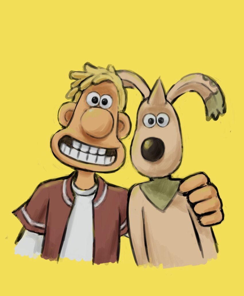 2boys animal_ears digimon digimon_(creature) digimon_adventure_02 digimon_adventure_02:_digimon_hurricane_jouriku!!_chouzetsu_shinka!!_ougon_no_digimental fusion grin gromit highres mas_square multiple_boys name_connection pun simple_background smile terriermon wallace_(digimon) wallace_(wallace_and_gromit) wallace_and_gromit what yellow_background