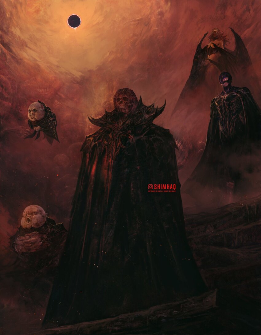 1girl 4boys armor artist_name berserk black_moon brain breasts collared_cloak commentary conrad_(berserk) copyright_name copyright_notice demon demon_girl demon_wings divine_being eclipse english_commentary exposed_brain fantasy femto_(berserk) floating flying green_hair griffith_(berserk) highres holding instagram_logo instagram_username long_hair medium_breasts moon multiple_boys shimhaq shoulder_armor slan_(berserk) smile solar_eclipse ubik_(berserk) void_(berserk) watermark weapon wings zdzislaw_beksinski_(style)