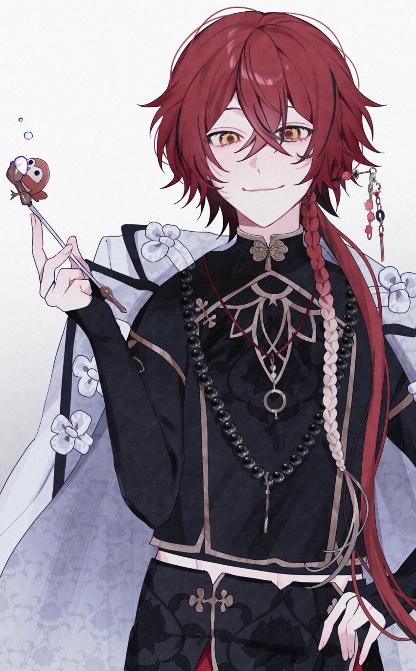 10_io 1boy bead_necklace beads bishounen blush braid coat coat_on_shoulders commentary_request crossed_bangs flower gradient_hair hair_between_eyes hanasaki_miyabi hanasaki_miyabi_(8th_costume) hand_on_own_hip hand_up highres holding holostars jewelry long_sleeves looking_at_viewer male_focus multicolored_hair neck_tassel necklace red_hair single_braid smile tassel two-tone_hair upper_body virtual_youtuber white_background white_hair yellow_eyes