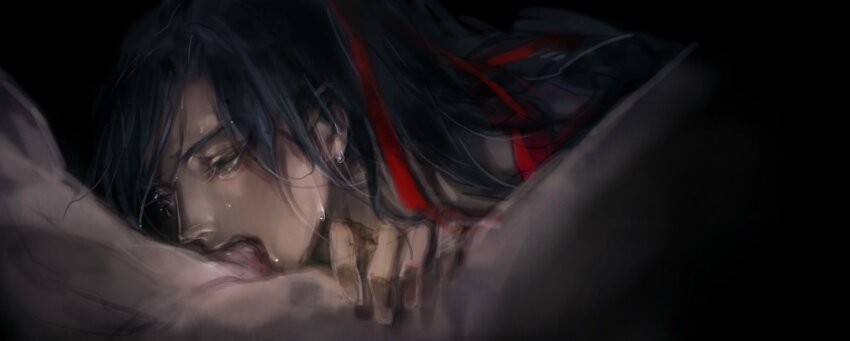 2boys black_background black_hair crying crying_with_eyes_open deepthroat fellatio grey_eyes hair_ribbon hand_on_another&#039;s_thigh highres kcllzas163 lan_wangji long_hair looking_down male_focus modao_zushi multiple_boys nude open_mouth oral penis ponytail red_ribbon ribbon solo_focus sweat tears third-party_source tongue wei_wuxian yaoi