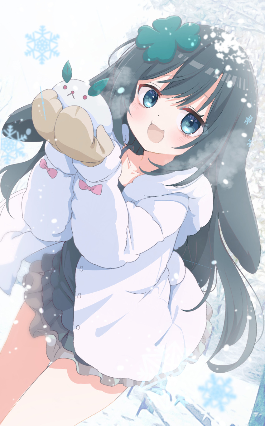 1girl :d absurdres animal_ears black_camisole black_hair blue_eyes blush breath brown_mittens camisole clover_hair_ornament collarbone commission dutch_angle flower four-leaf_clover_hair_ornament frills fur-trimmed_hood fur-trimmed_jacket fur_trim hair_between_eyes hair_flower hair_ornament hands_up highres holding hood hood_down hooded_jacket jacket long_hair long_sleeves looking_at_viewer mittens open_clothes open_jacket open_mouth original outdoors puffy_long_sleeves puffy_sleeves rabbit_ears rabbit_girl rabbit_tail shiro9jira skeb_commission skirt smile snow snow_rabbit snowflake_background snowflakes snowing solo tail very_long_hair white_jacket winter