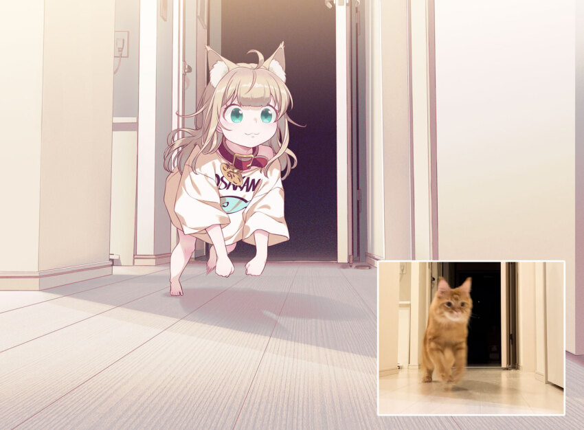 1girl 40hara :3 all_fours animal_collar animal_ear_fluff animal_ears aqua_eyes bare_shoulders barefoot blonde_hair blunt_bangs bottomless cat_ears cat_girl cat_tail chasing closed_mouth clothes_writing collar creature_and_personification indoors kinako_(40hara) long_hair messy_hair motion_blur off_shoulder open_door original oversized_clothes oversized_shirt personification photo_inset pouncing print_shirt red_collar reference_inset shirt smile solo t-shirt tail white_shirt wooden_floor