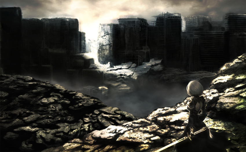 1girl 2b_(nier:automata) building cliff day highres holding holding_sword holding_weapon katana medium_hair nier:automata nier_(series) noda_rejinu scenery shadow solo sunlight sword weapon