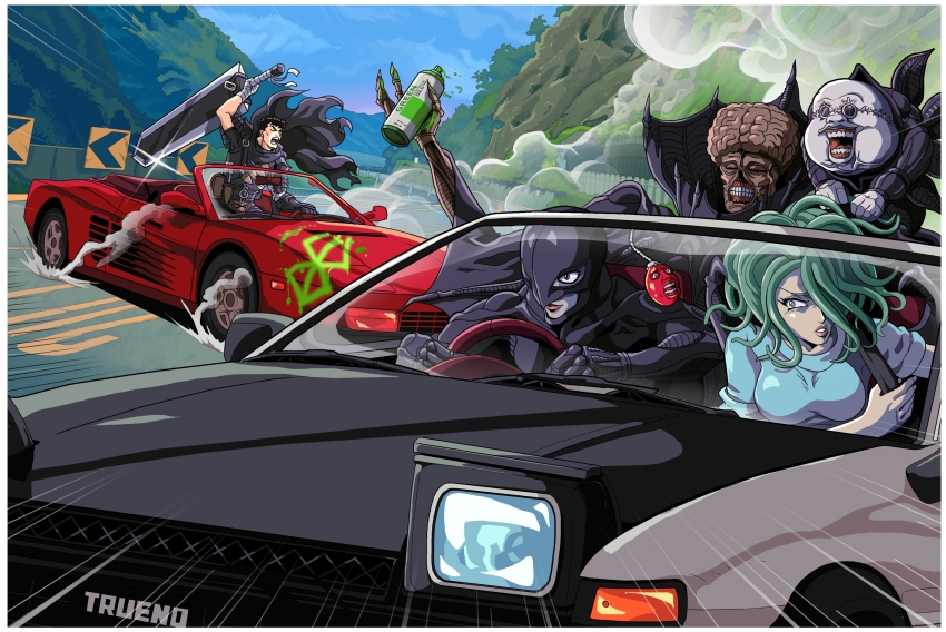 1girl 4boys absurdres behelit berserk black_cape blue_shirt blue_sky breasts cape car clenched_teeth cloud commentary convertible dragonslayer_(sword) drifting driving emphasis_lines english_commentary femto_(berserk) green_eyes green_hair griffith_(berserk) guts_(berserk) hair_over_one_eye helmet highres holding holding_sword holding_weapon initial_d medium_breasts motor_vehicle mountain multiple_boys otaking parody red_eyes red_lips road seatbelt shirt sky slan_(berserk) smile smoke sword teeth tentacle_hair ubik_(berserk) void_(berserk) weapon