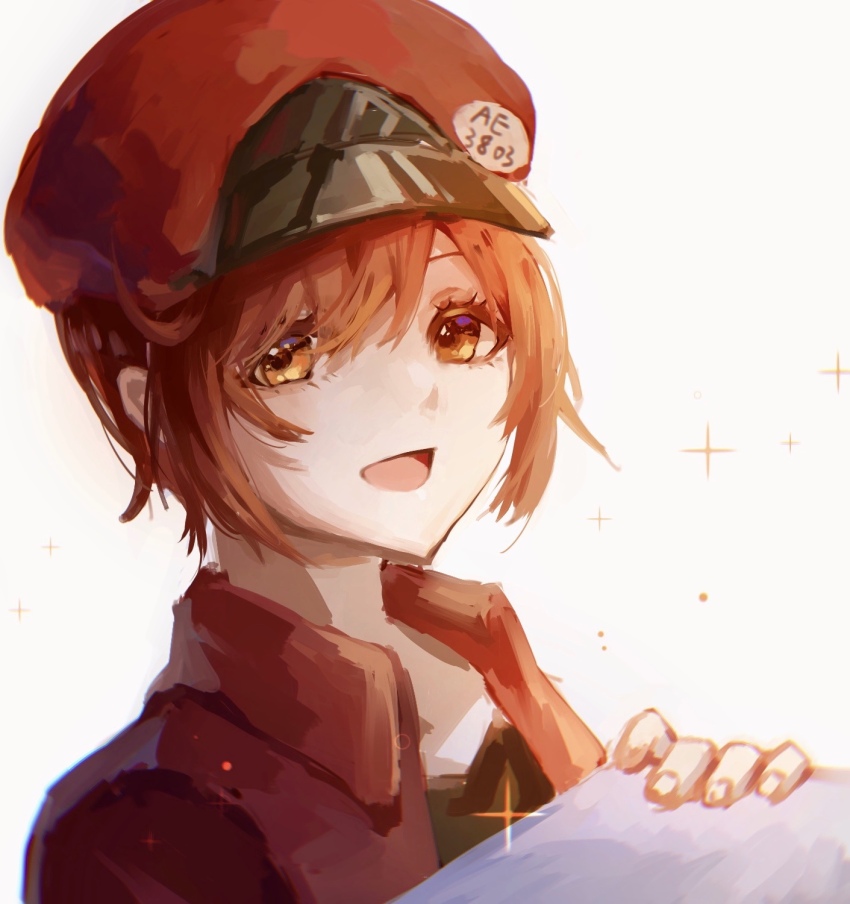 1girl :d ae-3803 black_shirt box brown_eyes newsboy_cap cardboard_box chinese_commentary close-up commentary eyelashes haiki_sareta_haguruma hair_over_one_eye hat hataraku_saibou highres holding holding_box jacket looking_at_viewer open_clothes open_jacket open_mouth package portrait red_blood_cell_(hataraku_saibou) red_hair red_hat red_jacket shirt short_hair simple_background sketch smile solo sparkle t-shirt very_short_hair white_background