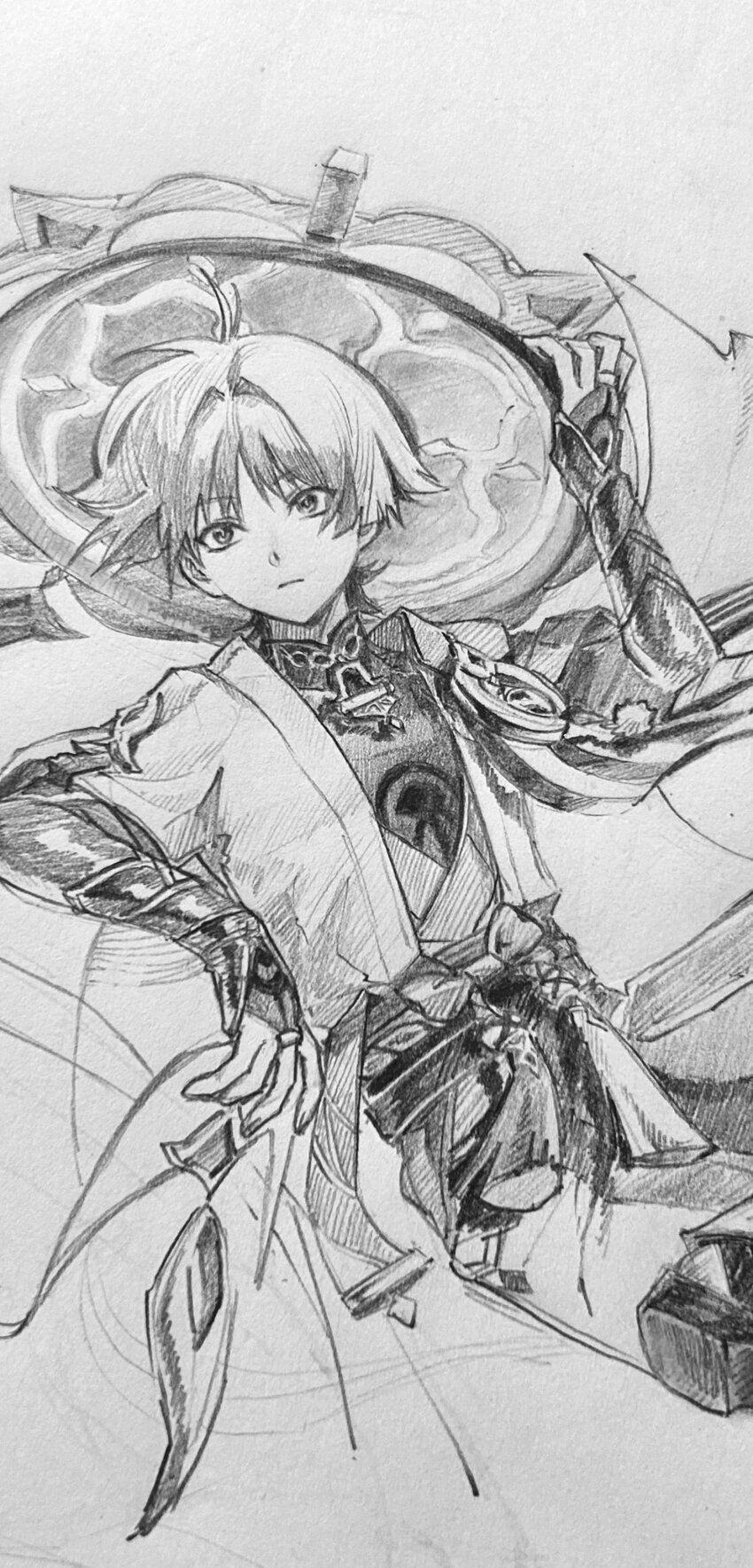 1boy absurdres arm_up armor belt blunt_ends bodysuit bosonn_13 bow bridal_gauntlets closed_mouth expressionless feathers fingernails furisode gem genshin_impact graphite_(medium) hair_intakes han&#039;eri hat highres japanese_armor japanese_clothes jingasa kimono kote layered_kimono looking_past_viewer male_focus mandarin_collar middle_ring open_clothes open_hand open_kimono pom_pom_(clothes) rope sash scaramouche_(genshin_impact) short_sleeves shorts solo tassel tilted_headwear traditional_media vision_(genshin_impact) wanderer_(genshin_impact)