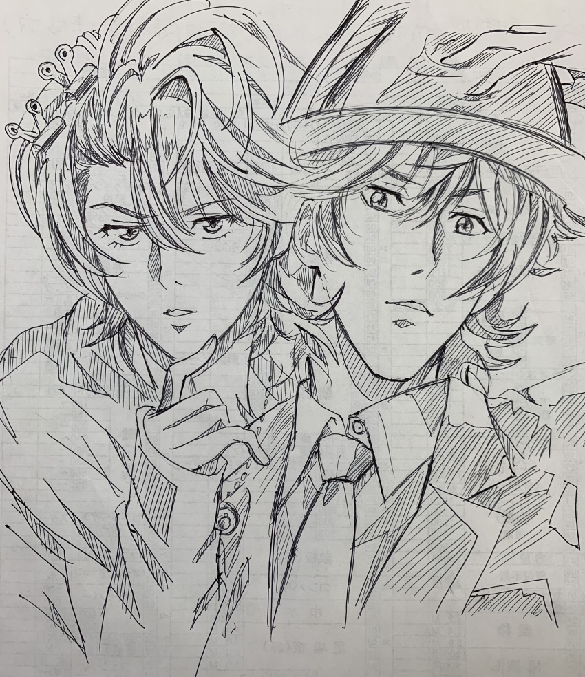 2boys absurdres ballpoint_pen_(medium) claw_hair_clip collared_shirt commentary_request dress_shirt fuuto_tantei hand_on_headwear hidari_shoutarou highres jacket jewelry kamen_rider kamen_rider_w long_sleeves looking_at_viewer medium_hair monochrome multiple_boys necklace necktie parted_lips pen_(medium) philip_(kamen_rider) shirt sleeves_past_wrists suit_jacket traditional_media upper_body v-shaped_eyebrows zaofeng