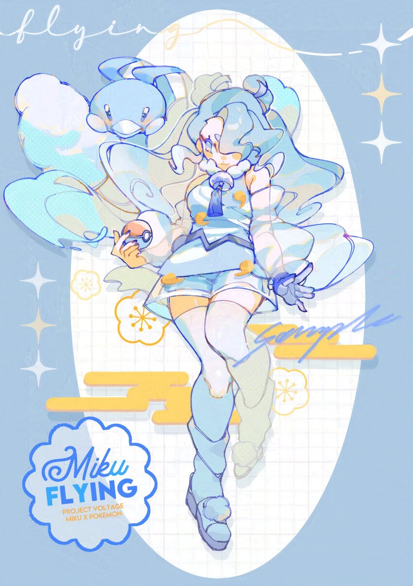 1girl altaria bare_shoulders bell blue_background blue_dress blue_eyes blue_gloves blue_hair blue_nails blue_ribbon blue_shorts blue_sleeves blush_stickers character_name closed_mouth collar collared_dress colored_eyelashes commentary copyright_name detached_sleeves double_bun dress flying_miku_(project_voltage) full_body fur_collar gen_3_pokemon gloves grey_footwear hair_bun hair_over_one_eye hair_ribbon hashtag-only_commentary hatsune_miku highres holding holding_poke_ball long_hair long_sleeves looking_at_creature myun_(myun_art) nail_polish neck_bell nintendo poke_ball pokemon pokemon_(creature) pom_pom_(clothes) project_voltage puffy_long_sleeves puffy_sleeves ribbon sandals see-through_clothes see-through_sleeves short_dress short_shorts shorts shorts_under_dress simple_background single_glove sleeveless sleeveless_dress smile sparkle tassel thighhighs twintails vocaloid wavy_hair white_collar white_thighhighs