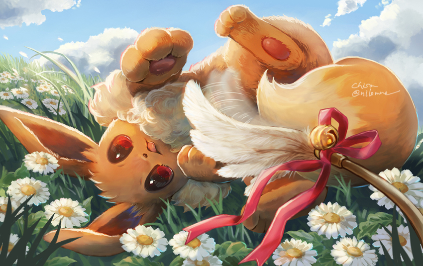 animal animal_focus bell brown_eyes cloud eevee flower gen_1_pokemon grass looking_at_viewer momomo12 nintendo pawpads pokemon pokemon_(creature) signature solo tongue tongue_out toy