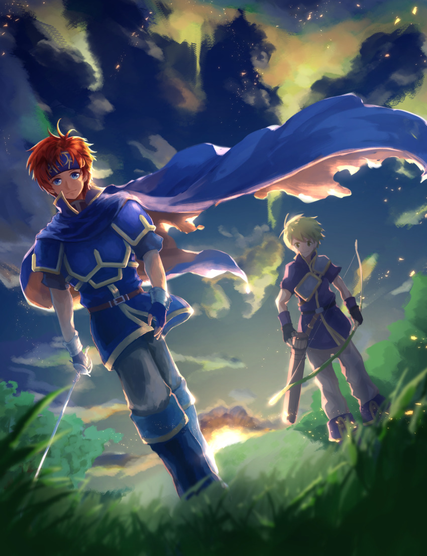 2boys bad_id bad_pixiv_id blue_eyes bow_(weapon) cape fingerless_gloves fire_emblem fire_emblem:_the_binding_blade gloves grass grasslands green_hair haraitai headband highres holding holding_bow_(weapon) holding_sword holding_weapon looking_at_viewer male_focus multiple_boys nintendo outdoors quiver rapier red_hair roy_(fire_emblem) sunset sword walking weapon wolt_(fire_emblem)