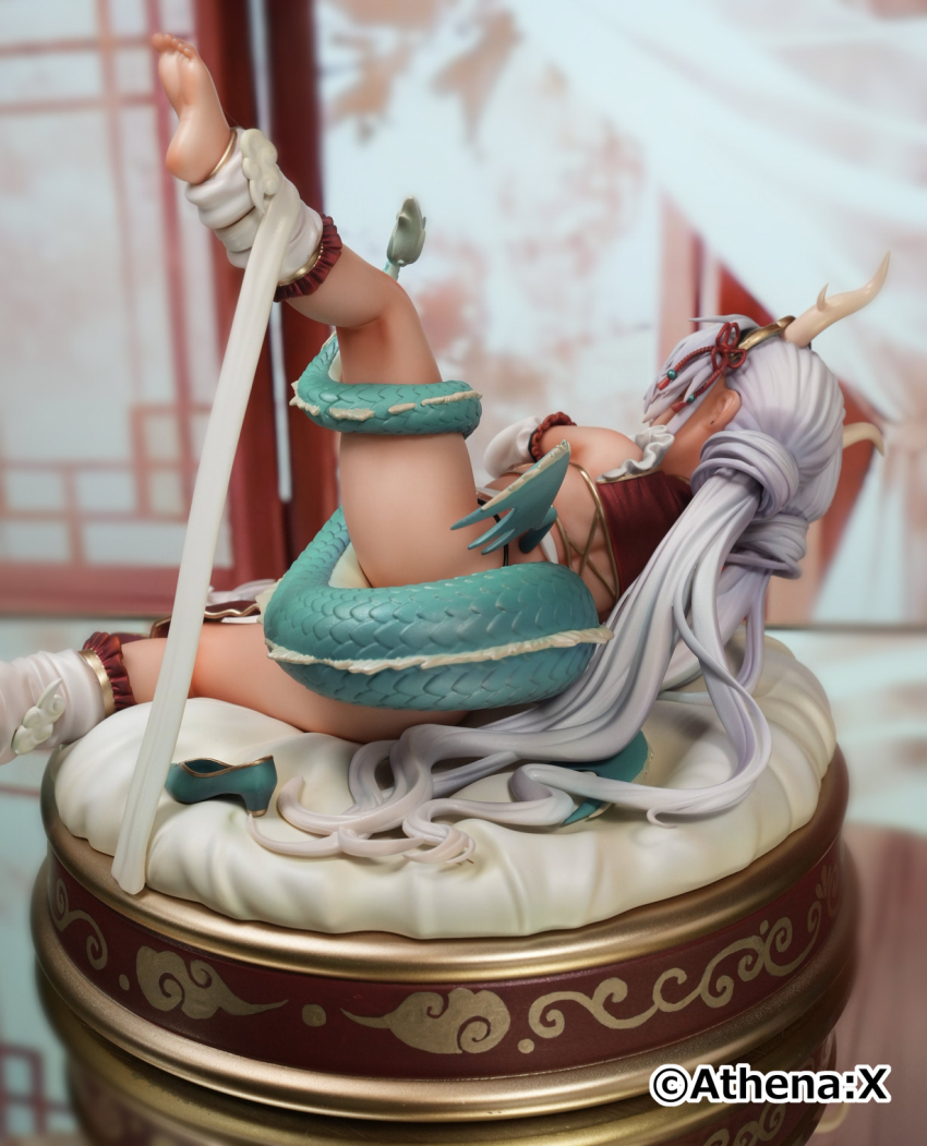 1girl aqua_shoes bad_source bikini bikini_top_only black_nails blush breasts dark-skinned_female dark_skin detached_sleeves dragon_girl dragon_horns dragon_tail dragon_wings feet figure_(medium) food from_behind fruit highres horns leg_up loli long_hair looking_at_viewer lying mandarin_orange micro_bikini mini_wings nail_polish navel on_side original photo_(medium) red_bikini revealing_clothes shoes single_shoe small_breasts soles solo spread_legs swimsuit tail toenail_polish toenails toes trente unworn_shoes white_hair wings