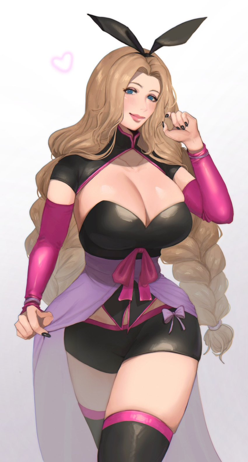 1girl black_skirt black_thighhighs blonde_hair bow braid breasts cleavage commentary english_commentary highres indie_virtual_youtuber kitty_keihara large_breasts long_hair looking_at_viewer pink_bow rosey_(vtuber) second-party_source skindentation skirt smile solo thighhighs twin_braids very_long_hair virtual_youtuber walking