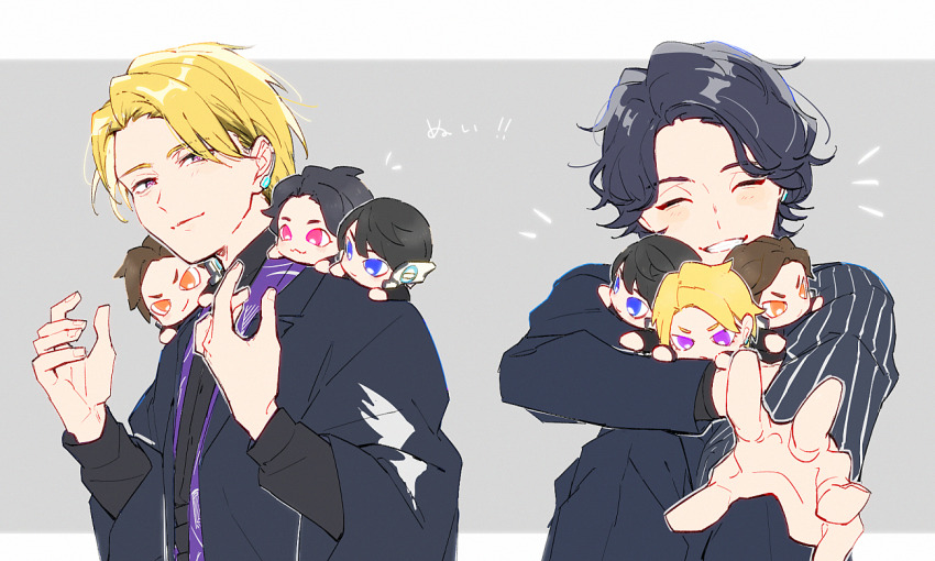 3boys aam09212 black_hair black_shirt blonde_hair blue_eyes blue_suit brown_hair chibi closed_eyes collared_shirt earrings formal_clothes grey_background haori headphones holding_chibi horobi_(kamen_rider_01) humagear_headphones ikazuchi_(kamen_rider_01) japanese_clothes jewelry jin_(kamen_rider_01) kamen_rider kamen_rider_01_(series) light_blush multiple_boys naki_(kamen_rider_01) on_shoulder orange_eyes pink_eyes purple_eyes reaching shirt single_earring smile smirk suit wavy_hair