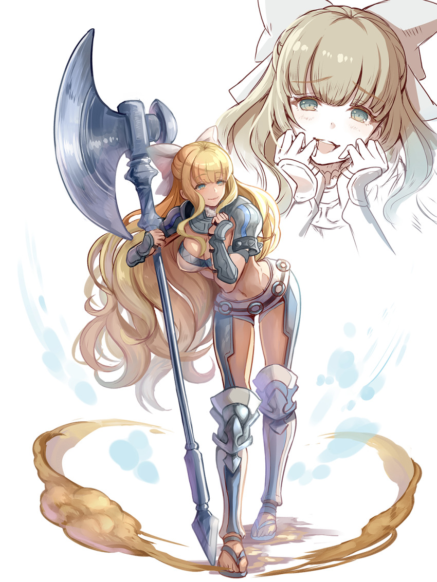 1girl armor axe battle_axe bikini_armor blonde_hair blue_eyes blunt_bangs bow breasts charlotte_(fire_emblem) cleavage fire_emblem fire_emblem_fates fujimaru_(green_sparrow) hair_bow highres holding holding_axe large_breasts midriff multiple_views navel nintendo shoulder_armor toeless_footwear wavy_hair weapon white_bow