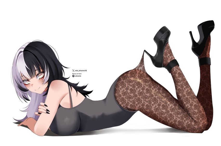 1girl alternate_costume ass black_hair black_nails breasts closed_mouth grey_hair grey_leotard high_heels hololive hololive_english hooked_on_heel lace_pantyhose lace_pantyhose_hooked_on_heel_(meme) large_breasts leotard long_hair looking_at_viewer lying meme multicolored_hair oioi_ainomo on_stomach shiori_novella smile solo split-color_hair two-tone_hair virtual_youtuber yellow_eyes