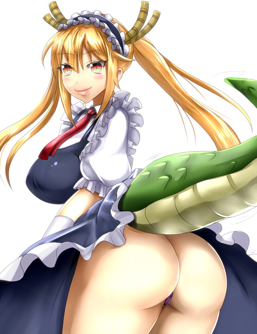 10s 1girl ass blonde_hair breasts clothes_lift dragon_girl dragon_horns dragon_tail dress dress_lift female_focus frills gloves gradient_eyes highres horns kobayashi-san_chi_no_maidragon large_breasts long_hair looking_at_viewer maid maid_headdress multicolored_eyes necktie puffy_short_sleeves puffy_sleeves red_eyes sakuama scales short_sleeves slit_pupils smile solo square-end_necktie tail thong tohru_(maidragon) twintails white_gloves